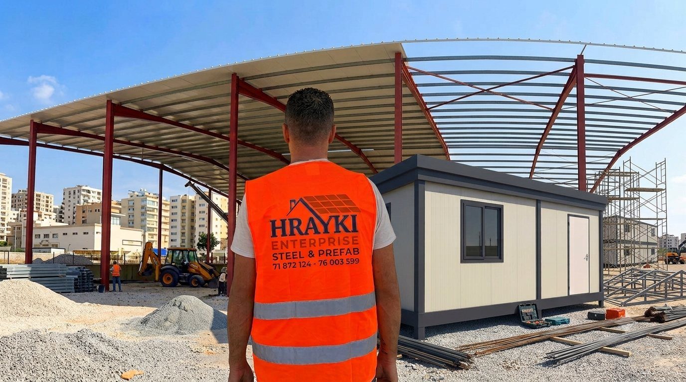 Hrayki Enterprise site team in front of a prefabricated unit and steel hangar