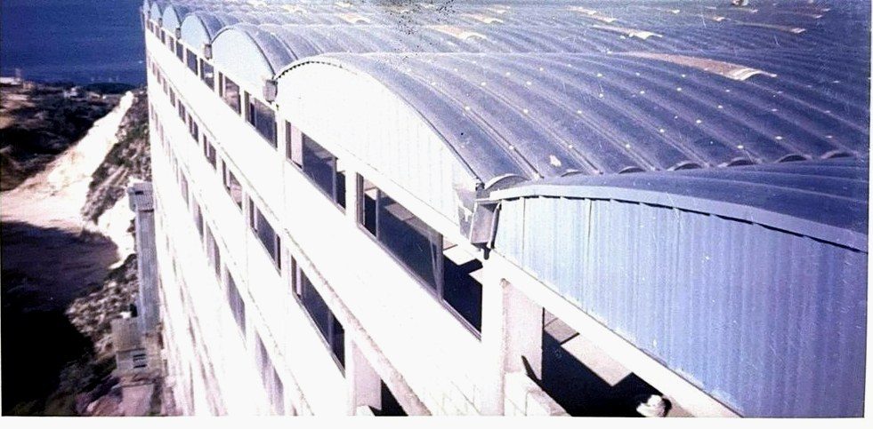 Large industrial hangar with barrel-vault roofs